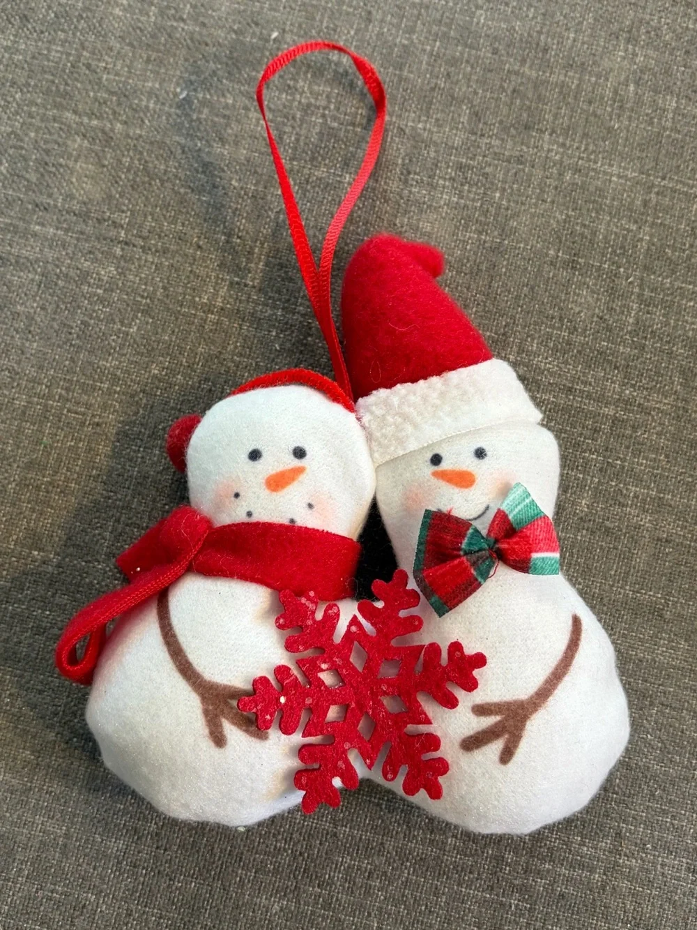 Snowman Couple Plush Christmas Ornament Red Snowflake Holiday Decor